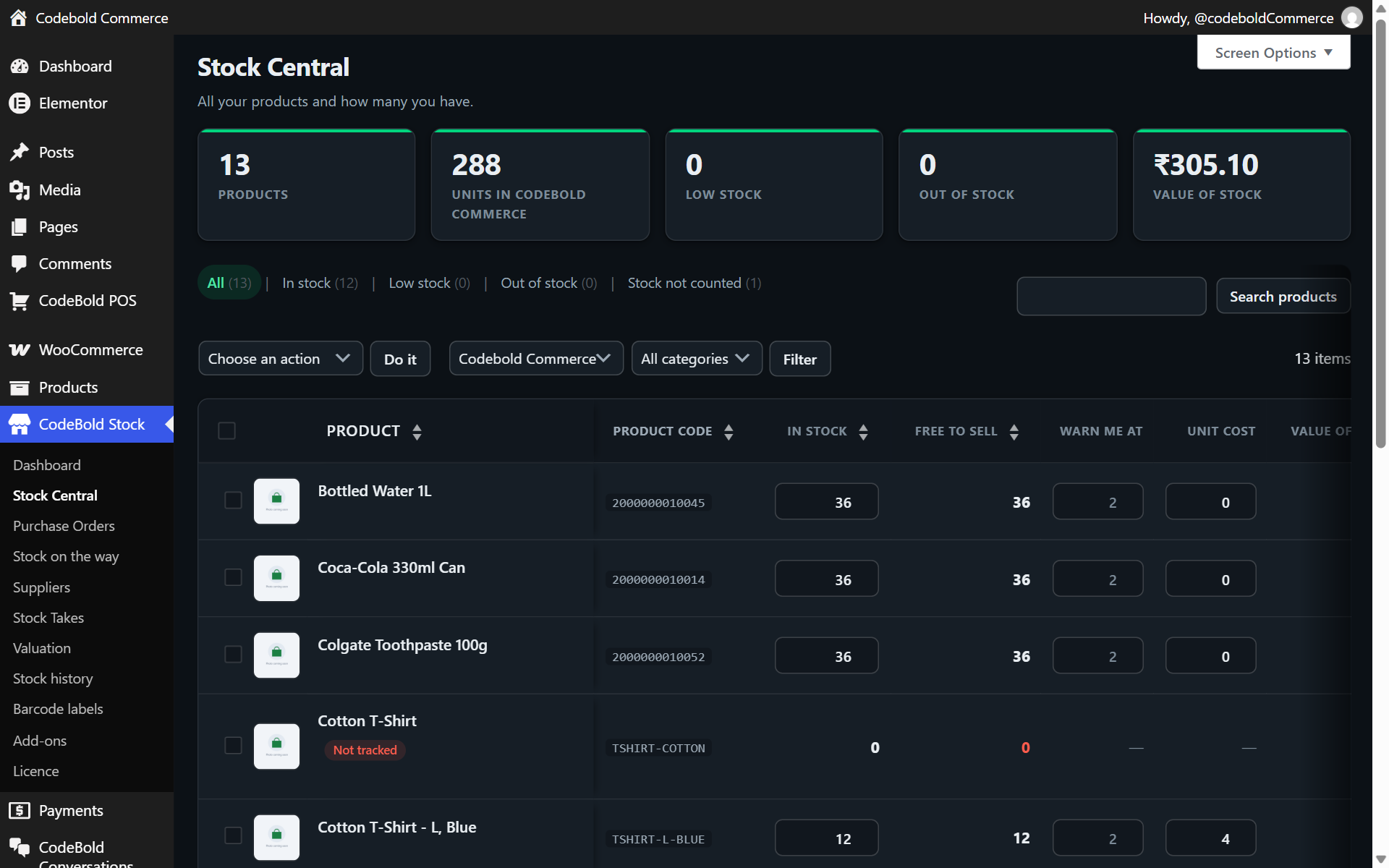 Stock Central in WordPress: totals for products, units, low stock and stock value, and a table of products with their stock.